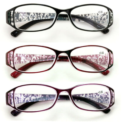 3 Pairs Women Rectangular Floral Readers - Fashion Reading Glasses Flower Bulk