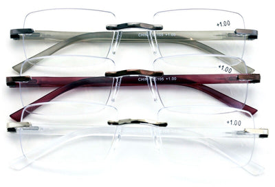 3 Pairs Men Women Rimless Lightweight Reading Glasses with Case - Spring Hinge