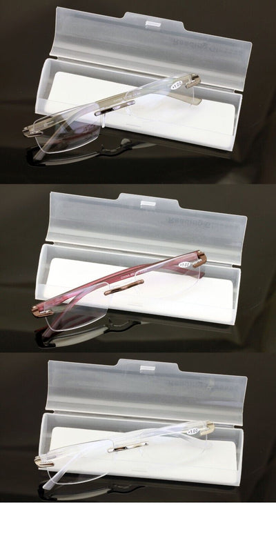 3 Pairs Men Women Rimless Lightweight Reading Glasses with Case - Spring Hinge