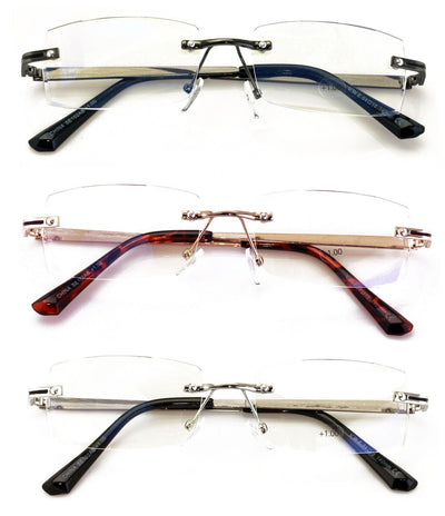 3 Pairs Men Metal Rimless Diamond Cut Anti Blue Blocker UV Reading Glasses Clear