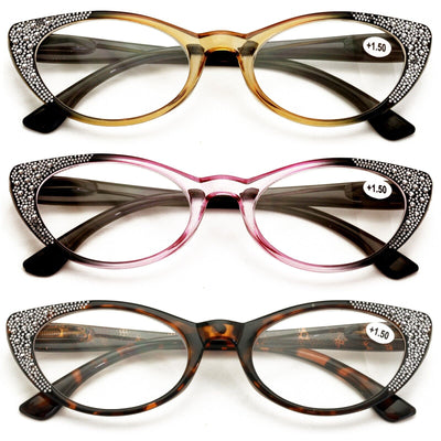 3 Pairs Women Cateye Reading Glasses Rhinestones Stylish Comfortable Reader DR04