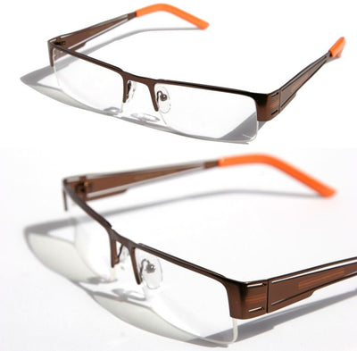 Rectangular Half Rimless Metal Sun-Glasses Eye-wear Optical RX Brown Clear lens