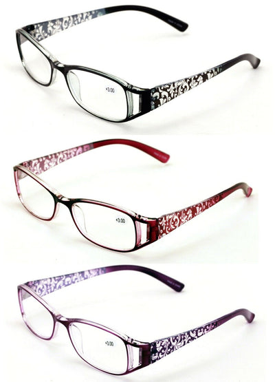 3 Pairs Women Rectangular Floral Readers - Fashion Reading Glasses Flower Bulk