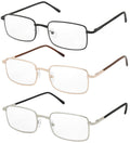 3 Pairs Rectangle Metal Reading Glasses Spring Hinge Lightweight Unisex Readers