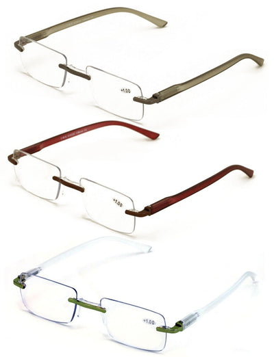 3 Pairs Men Women Rimless Lightweight Reading Glasses with Case - Spring Hinge