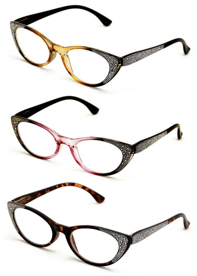 3 Pairs Women Cateye Reading Glasses Rhinestones Stylish Comfortable Reader DR04