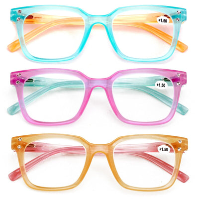 3 Pairs Women Translucent Pastel 2-Tones Reading Glasses Rhinestones Reader DR06