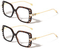 2 Pairs Women Butterfly Square Rhinestones Gold Metal Temple Reading Glasses