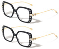 2 Pairs Women Butterfly Square Rhinestones Gold Metal Temple Reading Glasses