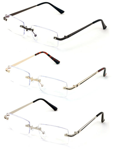 3 Pairs Men Metal Rimless Diamond Cut Anti Blue Blocker UV Reading Glasses Clear