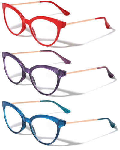 3 Pairs Women Cateye Pointed Tip Reading Glasses Metal Temple Clear Readers Red