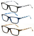 3 Pairs Lightweight Spring Hinge Tile Design Rectangular Reading Glasses - 7014